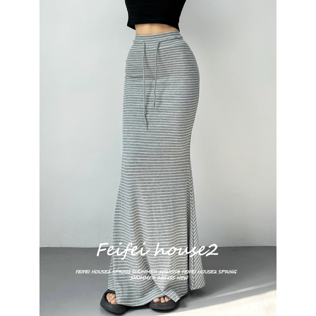 [Color-blocked striped fishtail skirt]กระโปรงทรงหางปลาลายทางตัดกันเก๋ๆ สำหรับผู้หญิงเกาหลี