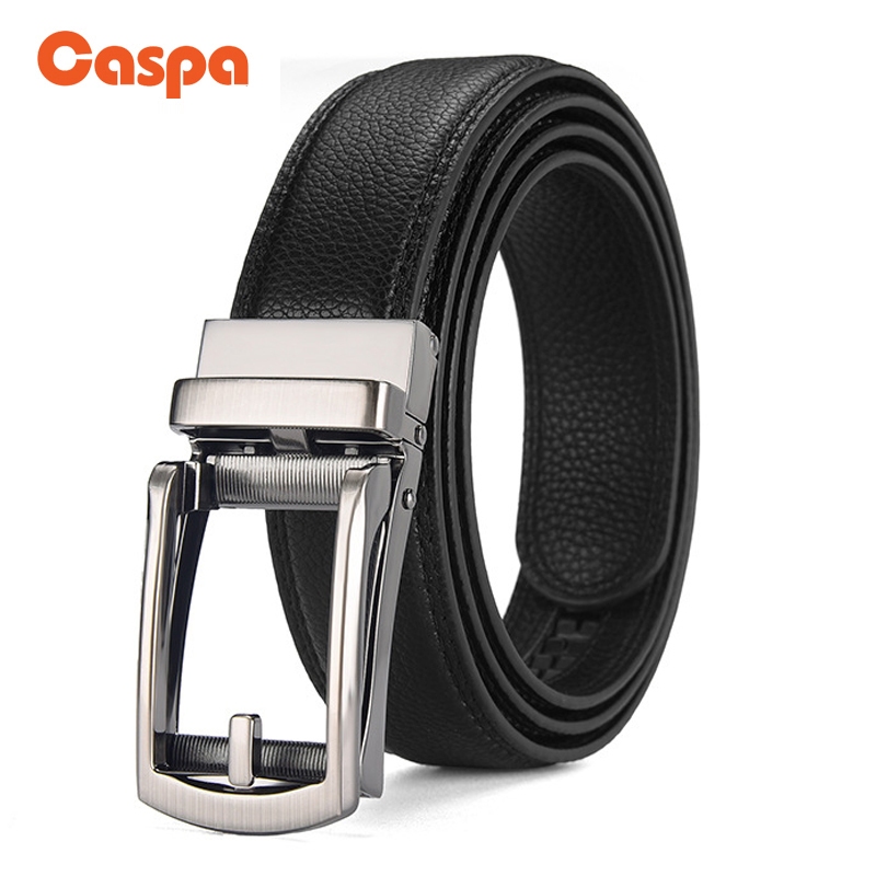 Caspa เข็มขัดหัวหนีบอะลูมิเนียม หนังแท้ เข็มขัดผู้ชายสีดำ เข็มขัดยาว43นิ้ว ราคาถูก