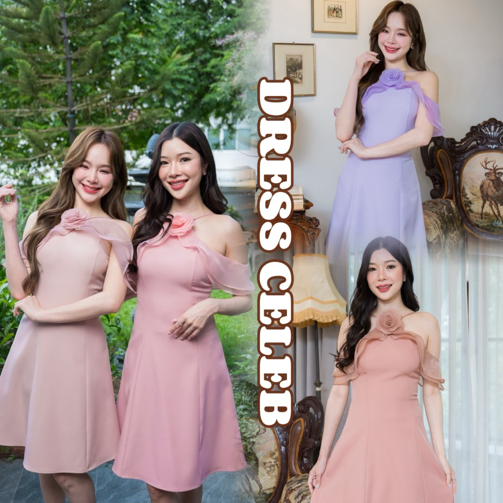 D387 s-2xl มาแล้ว เดรสออกงานแต่งดอกไม้ ระบายออแกนดี้น่ารักๆ