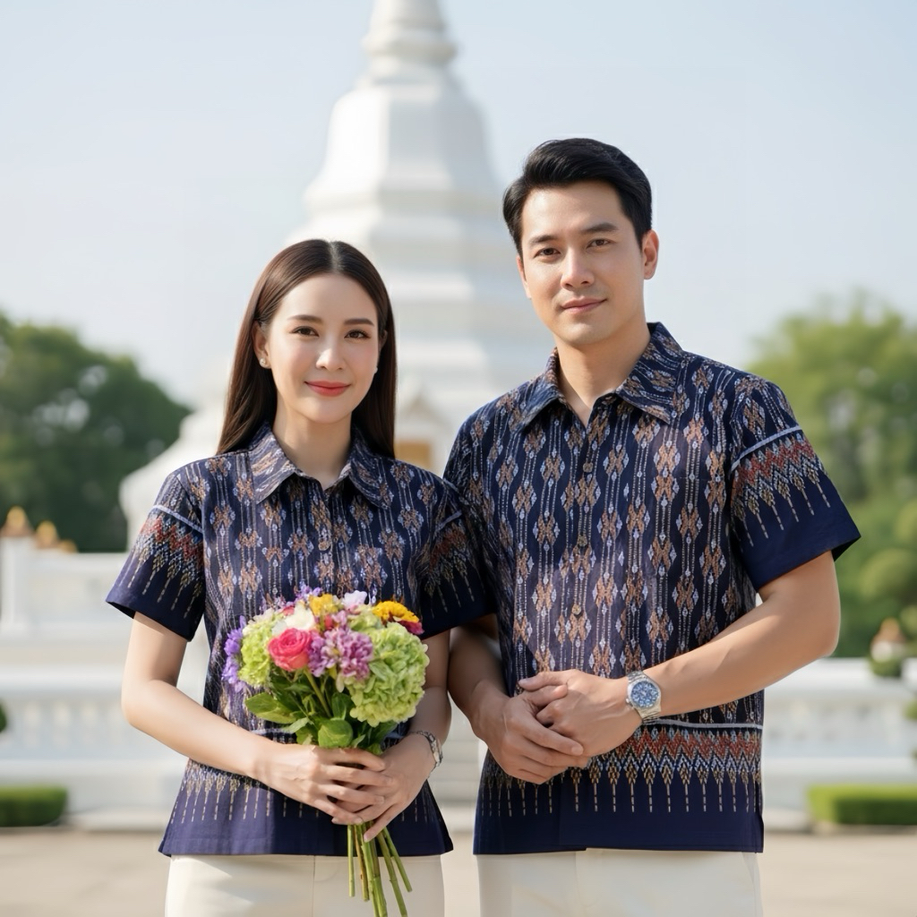 เสื้อคู่ คอเชิ้ต ชาย/หญิง ลายไทยพื้นเมือง สีกรม