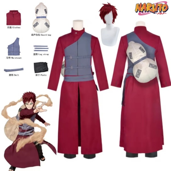 Anime Naruto Gaara Cosplay CostumeWig ผู้ใหญ่ผู้ชายยืนยาวเสื้อนินจาชุดกระเป๋าเต็มชุดอุปกรณ์เสริมชุดป