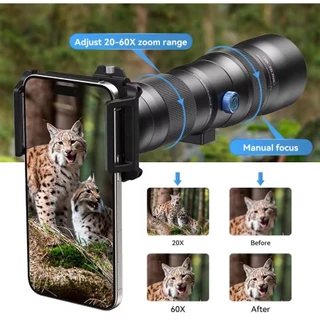 APEXEL T60 20-60X Telephoto โทรศัพท์มือถือกล้องโทรทรรศน์เดียว HD กล้องโทรทรรศน์เลนส์ Monoculars ซูมชุดสามเหลี่ยมวงเล็บ