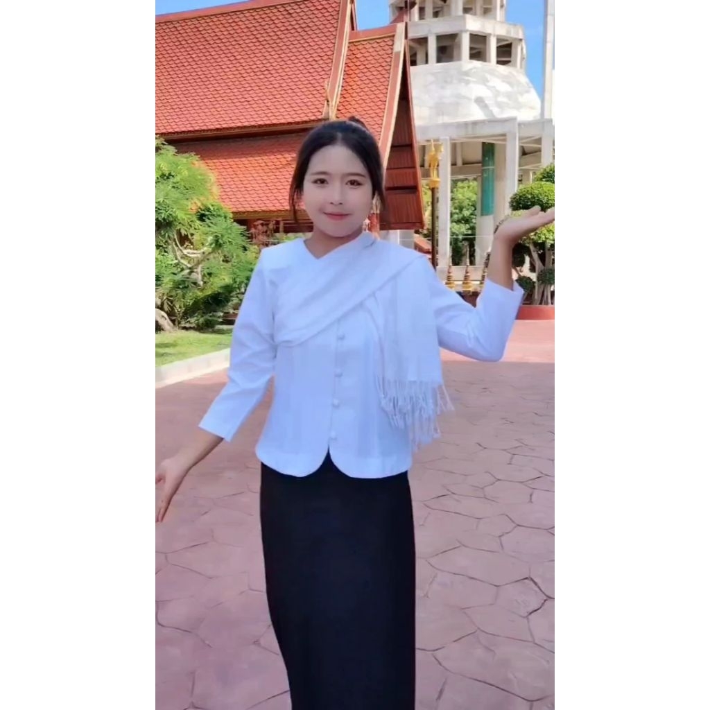 สะไบขาวผ้าฝ้าย ทอเครื่องทอลายทั้งผืน