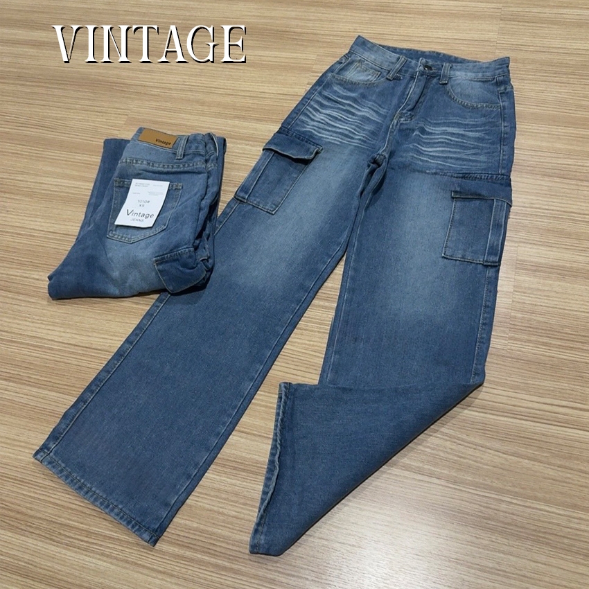 Vintage รุ่น #1010 กางเกงยีนส์ คาร์โก้ ทรงกระบอก แต่งเฟดขา ทรงสวยผ้าไม่ยืด กระเป๋าตรง 2 ใบ ราคา ถูกที่สุด ดีลบีเคเค แกลเลอรีภาพที่ 3