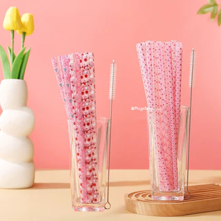 หลอดดูดน้ำ พิมพ์ลายหัวใจ ยาว 23cm ใช้ซ้ำได้ Reusable Plastic Leopard Straws
