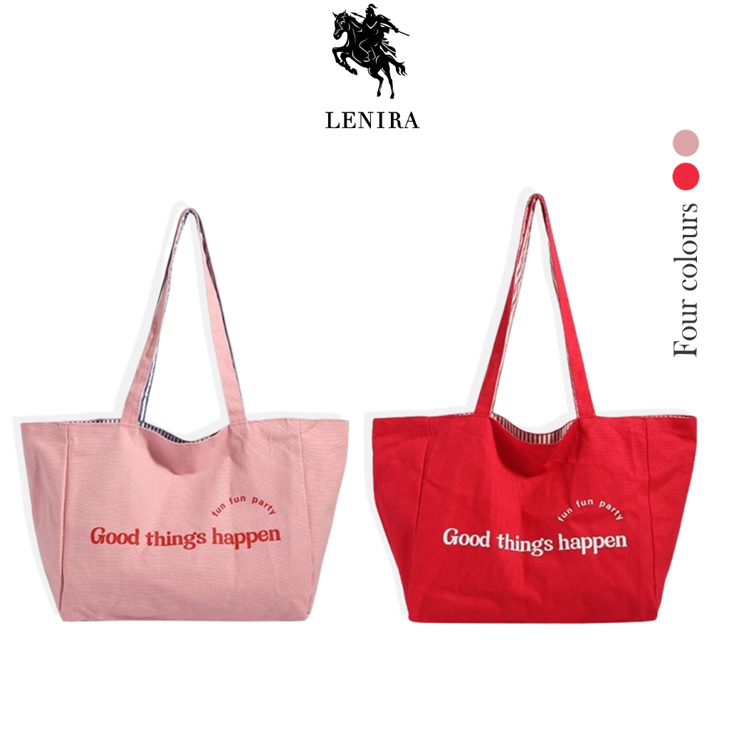 Lenira (B2438) กระเป๋าสะพายผ้าใบใหญ่/ผ้าลายทาง/ใช้ได้2ด้าน