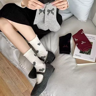 SOCK🥝 ถุงเท้าแฟชั่น ข้อสั้น ยาว ถุงเท้าสีพื้น ตกแต่งระบายลูกไม้ สไตล์ญี่ปุ่น สำหรับผู้หญิง