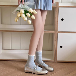 SOCK🥝 ถุงเท้าแฟชั่น ข้อสั้น ยาว ถุงเท้าสีพื้น ตกแต่งระบายลูกไม้ สไตล์ญี่ปุ่น สำหรับผู้หญิง