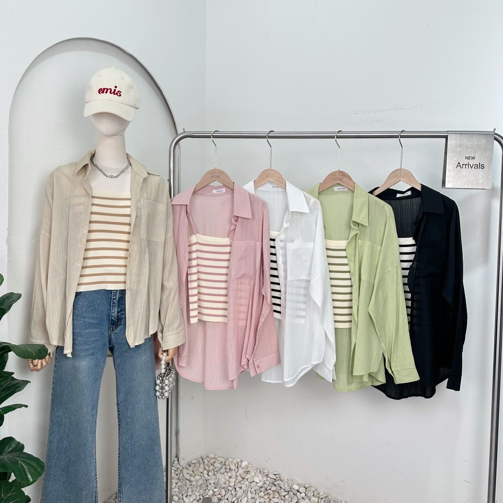 Mook_shop เสื้อเชิ้ต+สายเดี่ยวไหมพรมลายทาง เสื้อผ้าแฟชั่น