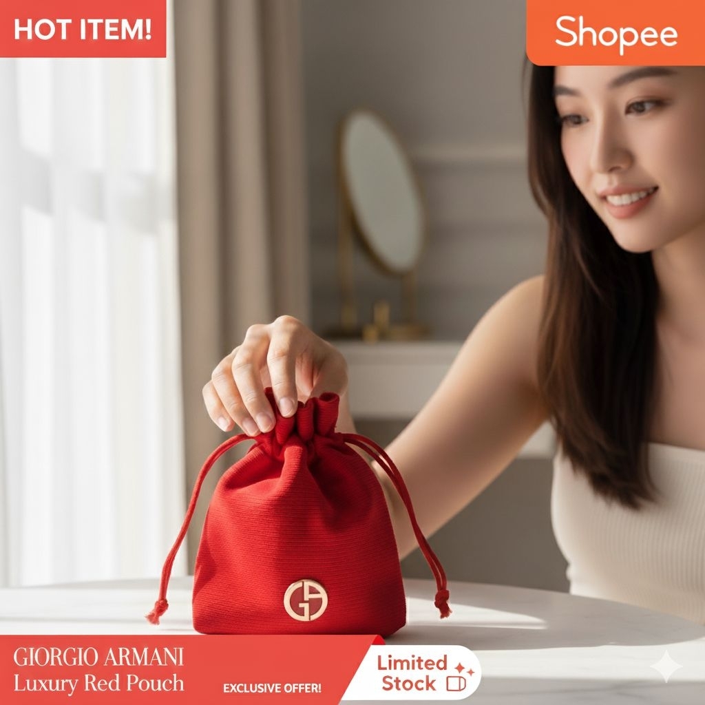 ถุงผ้าอาร์มานี่แท้ เซ็ต2ชิ้นสีแดง  โลโก้เป็นโลหะทอง ทั้งด้านหน้าและด้านหลัง