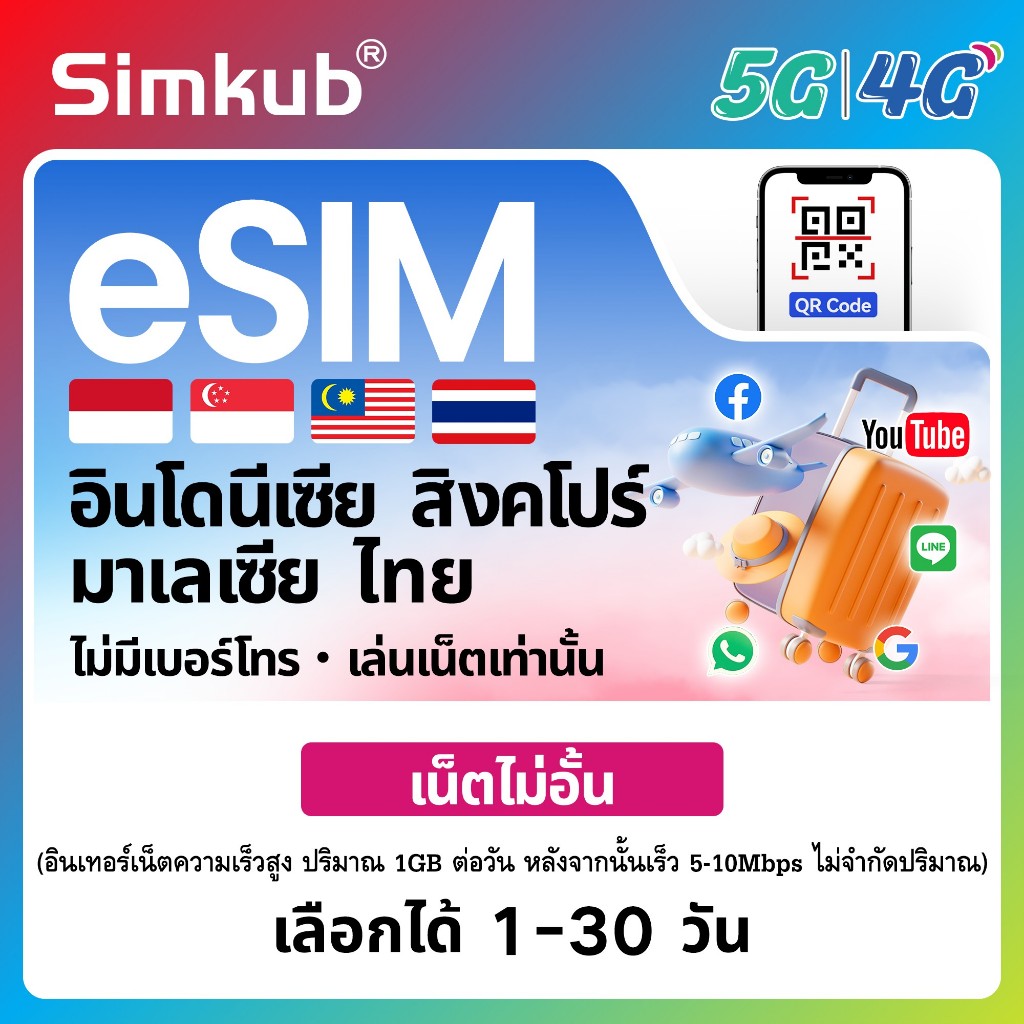 eSIM Indonesia&Singapore&Malaysia&Thailand ใช้ได้ใน 4 ประเทศ เน็ตไม่จำกัด รองรับ 5G/4G เลือกได้ 1-30