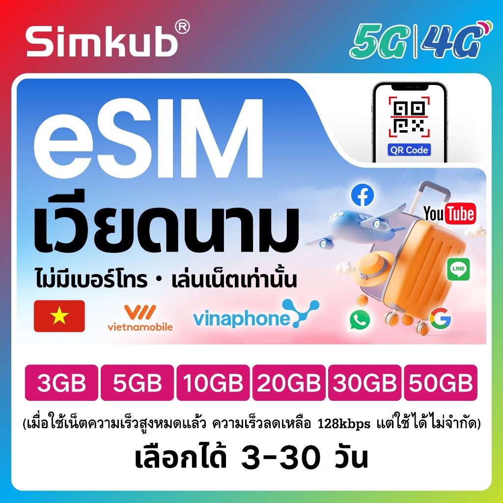 eSIM Vietnam ซิมท่องเที่ยว เวียดนาม เน็ต 3-50GB รองรับ 4G เลือกได้ 3-30 วัน