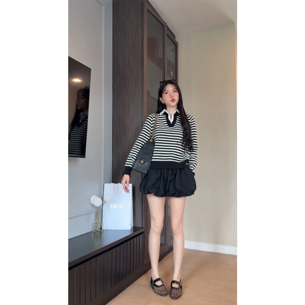 BD25-151 เสื้อไหมพรมลายทางแต่งคอปกขาว