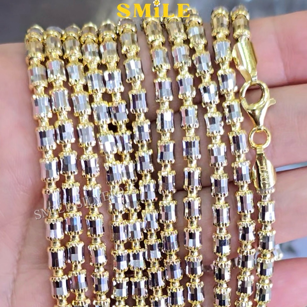 พ11 สร้อยคอ ปล้องอ้อยคริสตัล Diamond cut 4mm. เงินแท้ 92.5% Italy ชุบ2กษัตริย์ (WG+G)