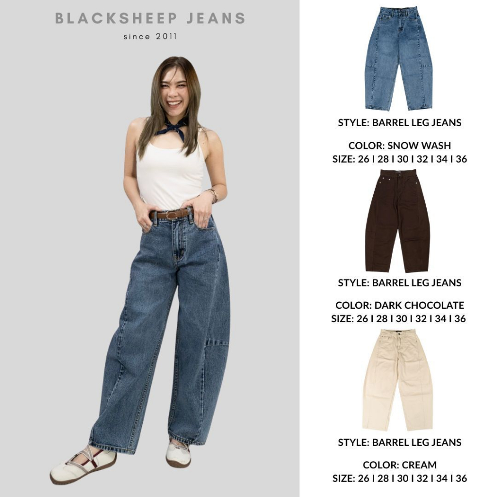 Blacksheepjeans กางเกงยีนส์ขายาวทรง Barrel Jean เอวสูงผู้หญิง 3สี รุ่น 250905,250819, BWPBL-250818