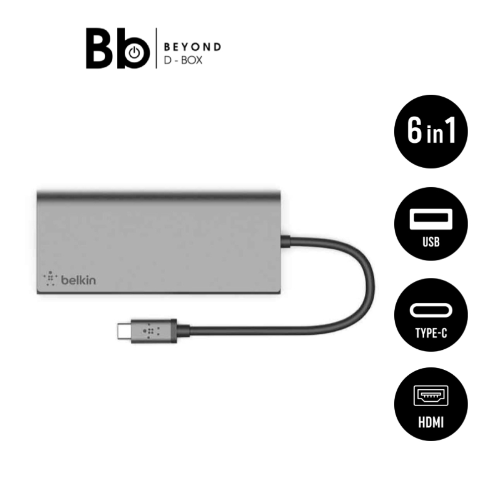 Belkin Port Hub USB-C 6 in 1 Multifunctional Converter Gray (F4U092btSGY) by BB Beyond D-Box