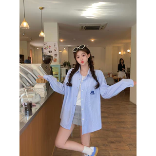 เสื้อเชิ้ตลายทางสไตล์เกาหลี สีชมพู-น้ำเงิน ลายปัก แขนยาว กันแดด ทรงหลวม ลำลอง