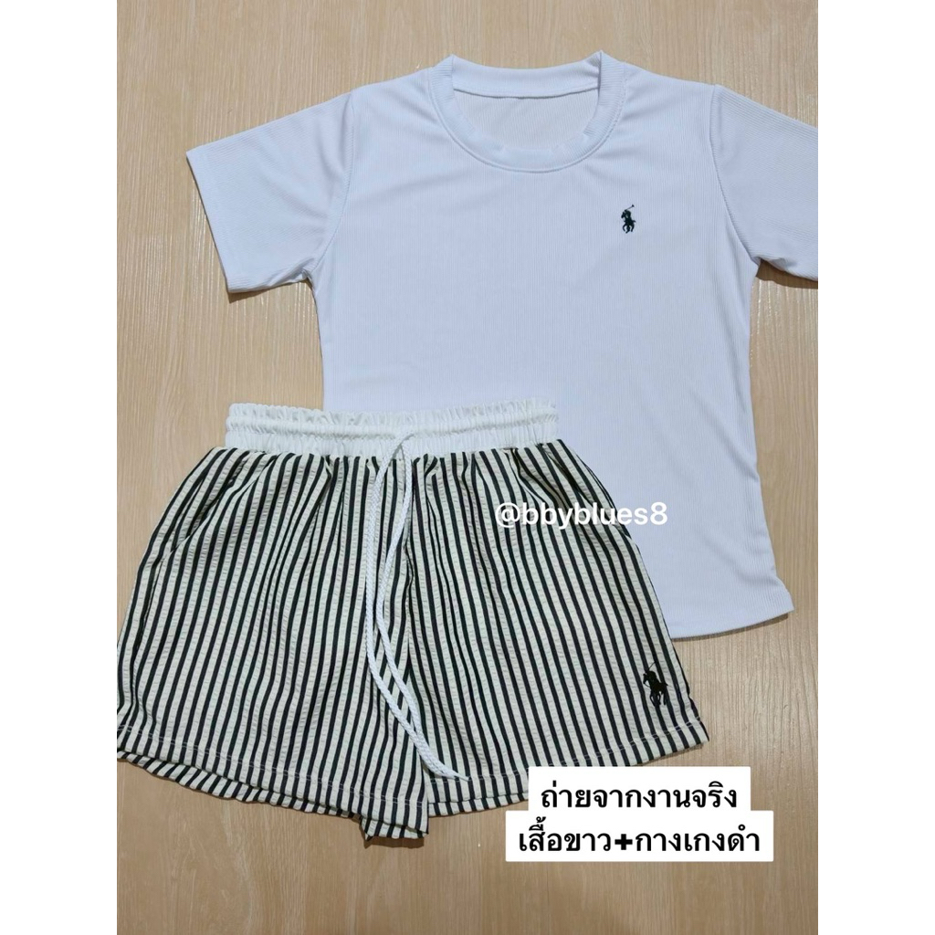 1.1 ส่งฟรี ✅[ พร้อมส่งชุดเซ็ต👙✨💡] 2ชิ้น เสื้อยืดปักม้า+กางเกงขาสั้นลายทางขอบขาว โปโล ไม่บาง เชือกใช้ได้จริง🤍🎀🎗️