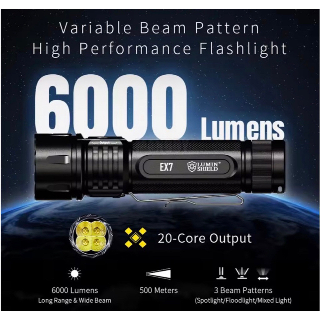 ไฟฉาย EX7 6000LM แบบปรับลำแสงได้ ประสิทธิภาพสูง ชาร์จผ่าน USB-C พร้อมแบตเตอรี่ 21700 6000MAH