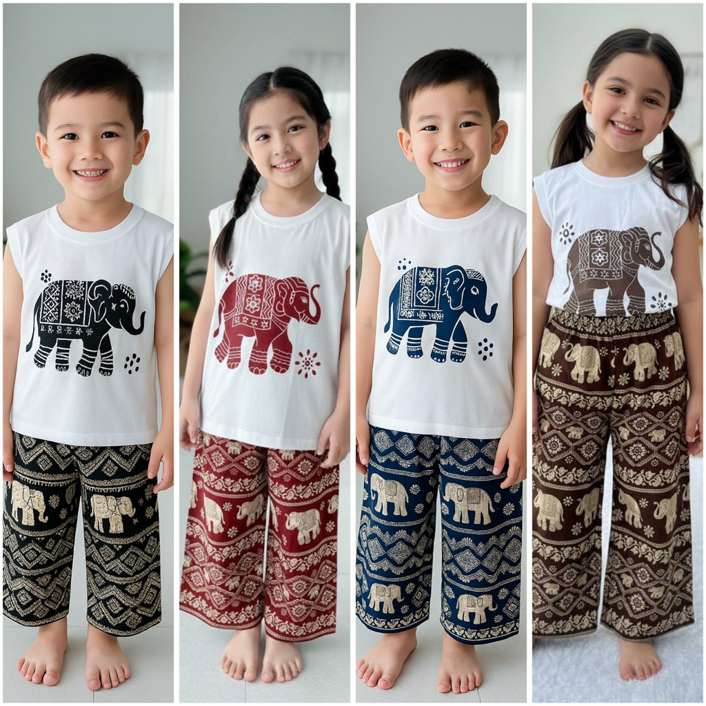 ฃุดเซทแขนกุดลายช้างเสื้อคอตตอนกางเกงผ้าไมโคร