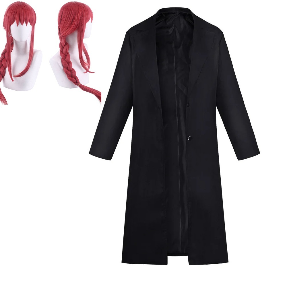 Anime Chainsaw  Makima Cosplay Costume Black Trench Coat Uniform Makima Wig Red Braid Hairs สีดํา สํ