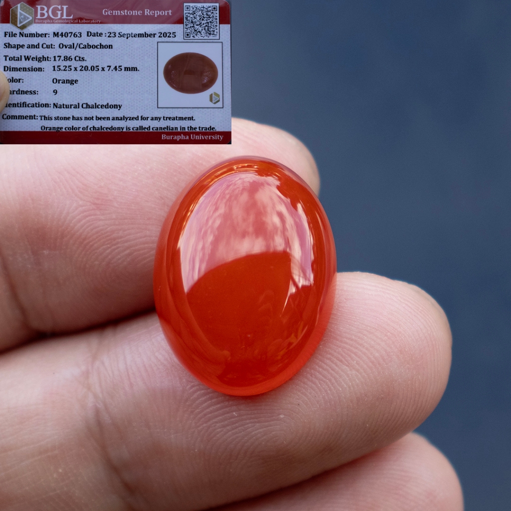 พลอยคาร์เนเลี่ยน(Carnelian)น้ำหนัก 16.95 กะรัต ขนาด 14.99 x 20.01 x 7.79 มิล พลอยสีแดงอมส้มเนื้อใส พลอยแท้จากประเทศบราซิ