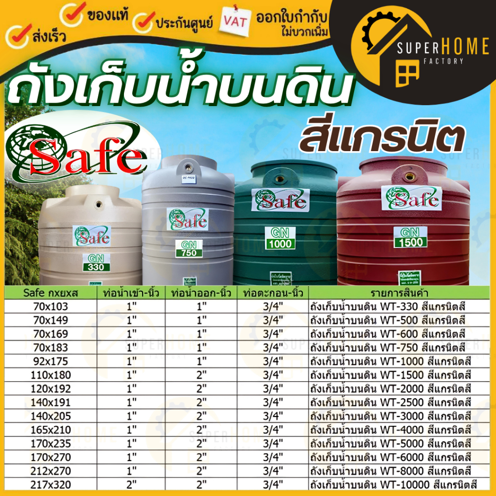 📢 SAFE 1000-5000L ถังเก็บน้ำลายแกรนิต ทราย เทา เซฟ ถังเก็บน้ำบนดิน ถังเก็บน้ำ ถังน้ำบนดิน ถังแบบเรีย
