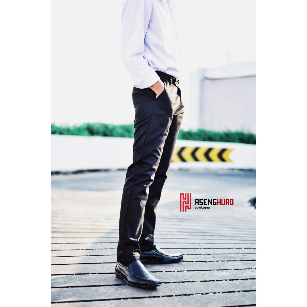 กางเกงสแล็คกระบอกเล็ก เกือบเดฟ ดำ-กรม ผ้ามันลีวาย กางเกงสแล็คทำงาน-นักศึกษา