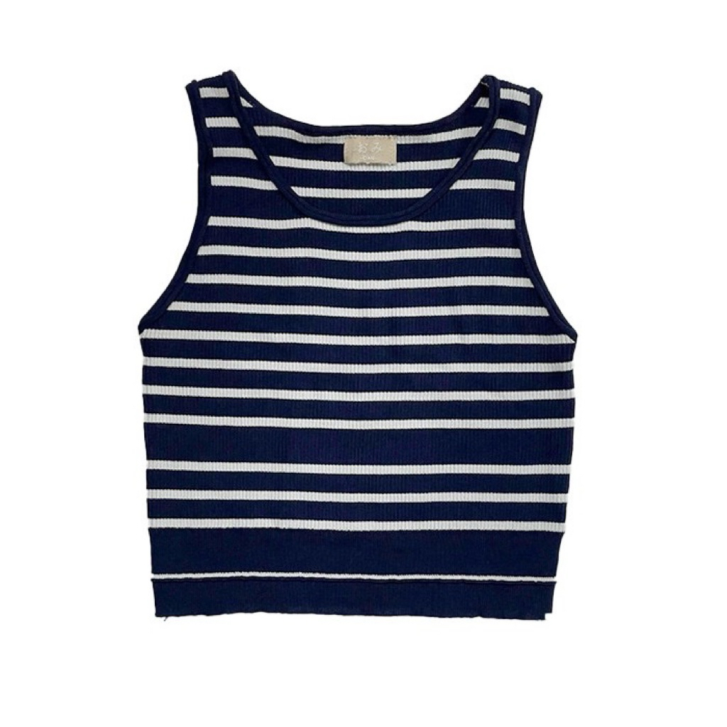 ThriftHabor -เสื้อครอปแขนกุด OMI ผ้ายืด ลายทาง สีกรมขาว มือสอง สภาพดีมาก | 2ND HAND NAVY SRTIPED CRO