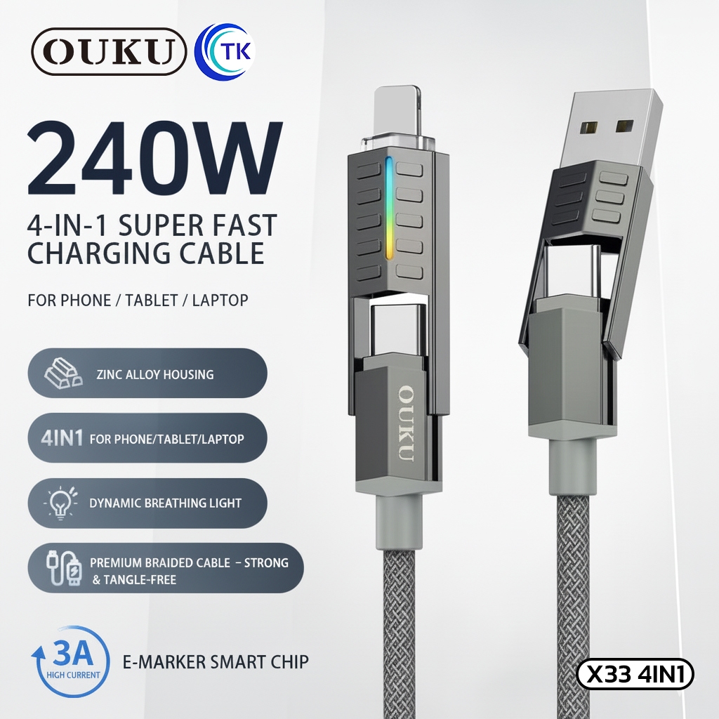 OUKU สายชาร์จเร็ว 4in1 ถ่ายโอนข้อมูล USB-A/USB-C to Type-C/iOS ยาว 1.2 เมตร สายไนลอนถัก ไม่ขาดง่าย X33
