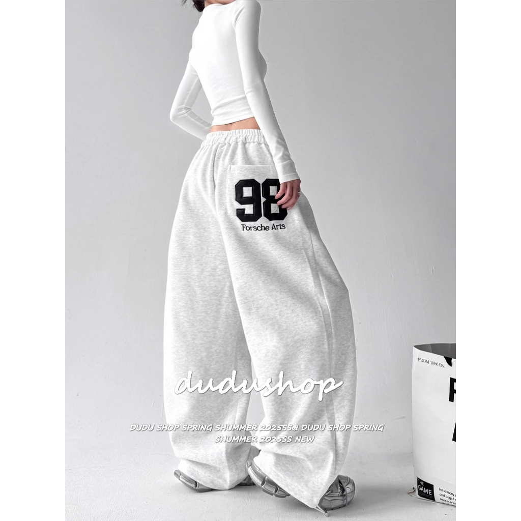 [Trendy font print, sports casual wide-leg pants]กางเกงกีฬาสีขาวพิมพ์ลายเทรนด์สำหรับผู้หญิง กางเกงขากว้างลำลอง