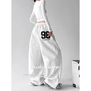 [Trendy font print, sports casual wide-leg pants]กางเกงกีฬาสีขาวพิมพ์ลายเทรนด์สำหรับผู้หญิง กางเกงขากว้างลำลอง
