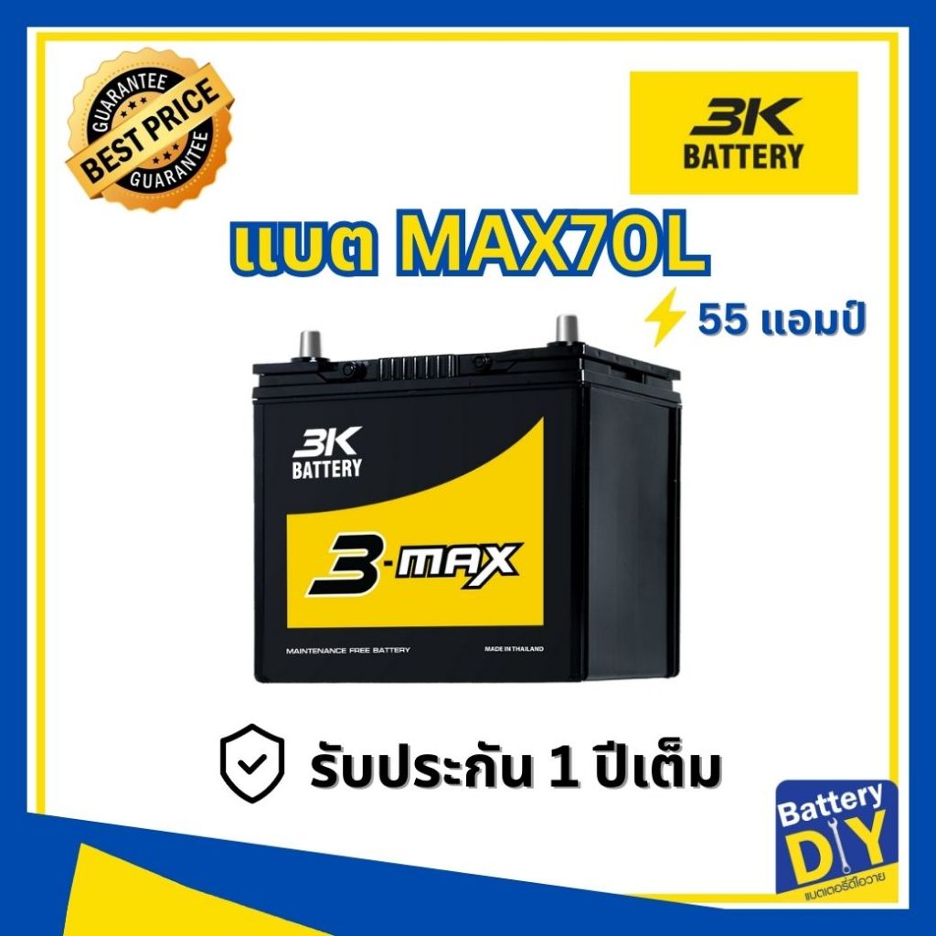 แบตเตอรี่รถยนต์ (กึ่งแห้ง) 3K 55 แอมป์ รุ่น MAX70L (65B24L) สำหรับ รถเก๋ง