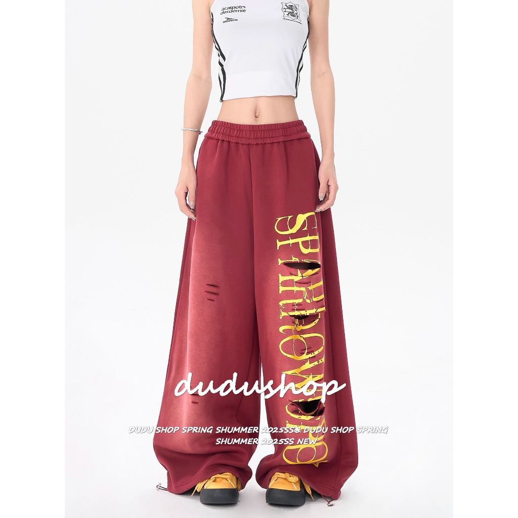 [Ripped trendy printed casual wide-leg pants]กางเกงขากว้างทรงหลวมสไตล์แจ๊สแดนซ์สำหรับผู้หญิงพิมพ์ลายตัวอักษรแฟชั่น