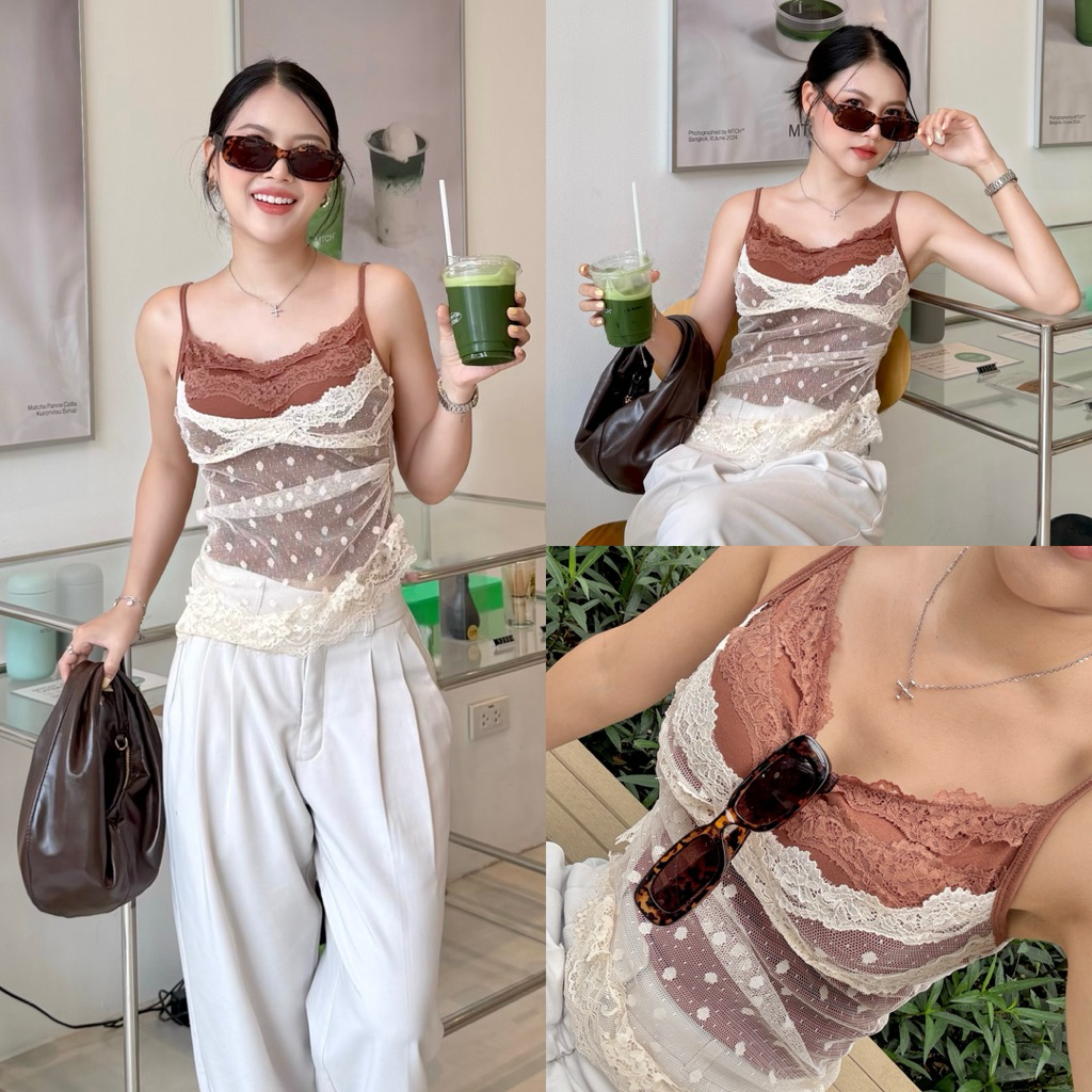 M207- เสื้อสายเดี่ยวลูกไม้ซีทรู ดีไซน์วินเทจเกาหลี เย็บ2ชั้น มีฟองน้ำ สายปรับ