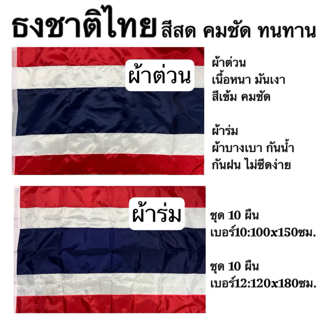 ธงชาติไทย ธง ธงชาติ ไทย ผ้าต่วน ผ้าร่ม เบอร์ 10 12 ชุด 10 ผืน สีเข้มคมชัด กันแดด กันฝน สีไม่ซีดง่าย