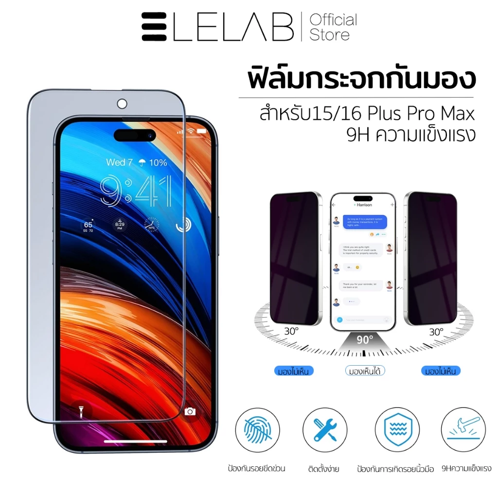 ELELAB ฟิล์มกระจกกันมอง Anti-Spy Privacy เต็มจอ กันรอยขีดข่วน สำหรับ iPhone 15-16 ทุกรุ่น Pro Max/Plus