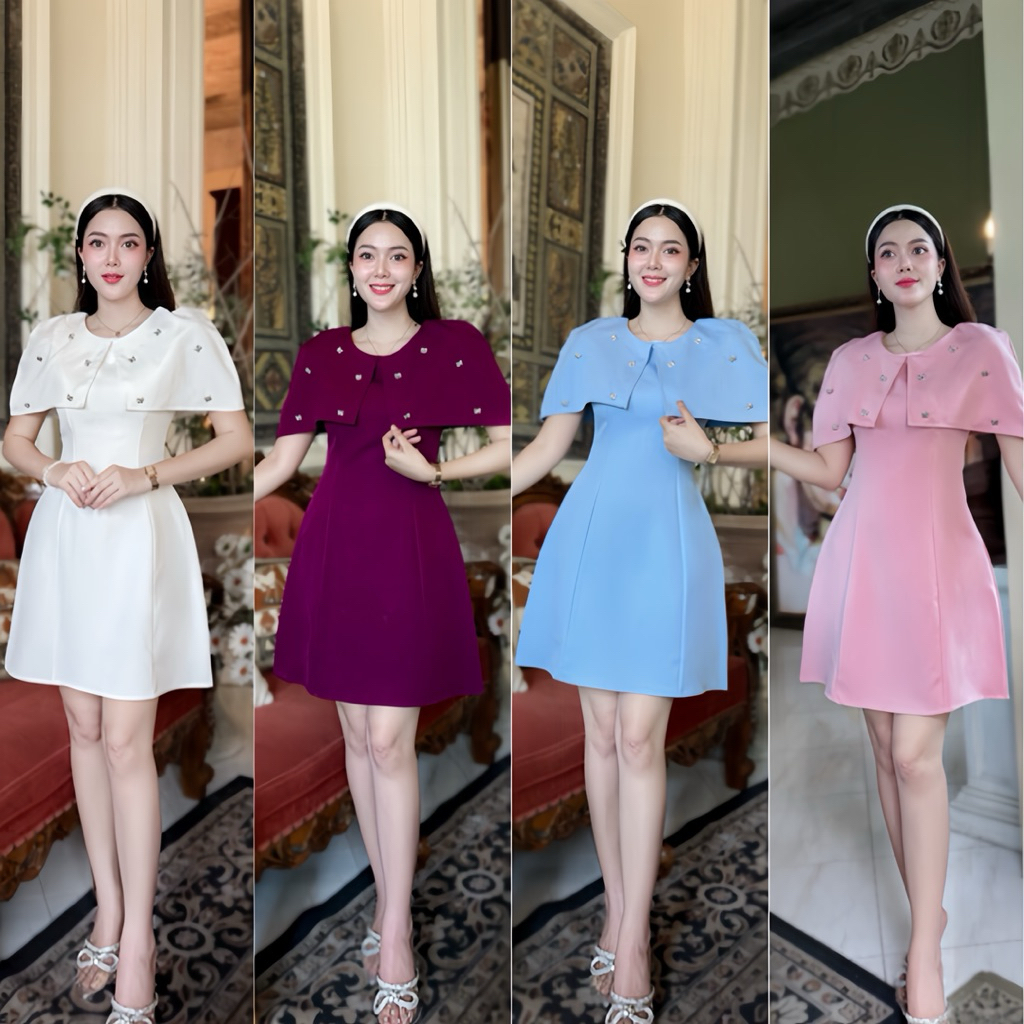D09 มินิเดรสแต่งปกคลุมไหล่ ติดอะไหล่โบว์ (สีขาวใส่ซับในนะคะ)
