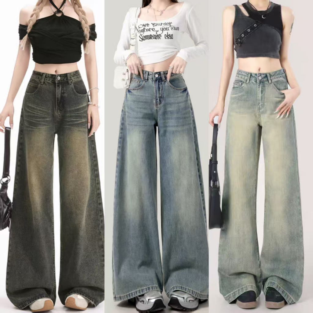 กางเกงยีนส์ Indigo ตรงทรงกระบอกหลวมขากว้างกางเกงสนิมกางเกงผู้หญิงเซ็กซี่