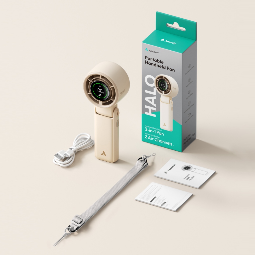 Aecooly พัดลมมือถือ พัดลมห้อยคอ พัดลมตั้งโต๊ะ กำลังลม 2 ช่องทาง ลมแรง น้ำหนักเบา ประกัน 1 ปี PB02