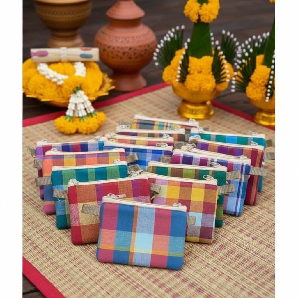 กระเป๋าใส่เหรียญทรงเหลี่ยม ผ้าขาวม้าคละสี แท้100%  ใส่บัตรได้ ของฝาก ของแตก ของชำร่วย