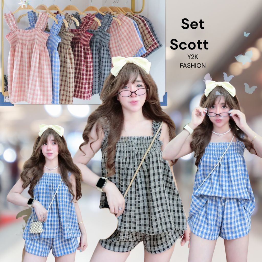 ชุดเซต2ชิ้น สก็อตเซตผ้าทอเนื้อนุ่มสุดๆ อกสม็อคมาคู่กับกางเกงขาสั้น ใส่สบายชิวมากๆ