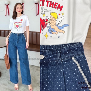 พร้อมส่ง เติม SM⚡️RM 8415 เสื้อ+กางเกงยีนส์ลายจุด แต่งไข่มุก…