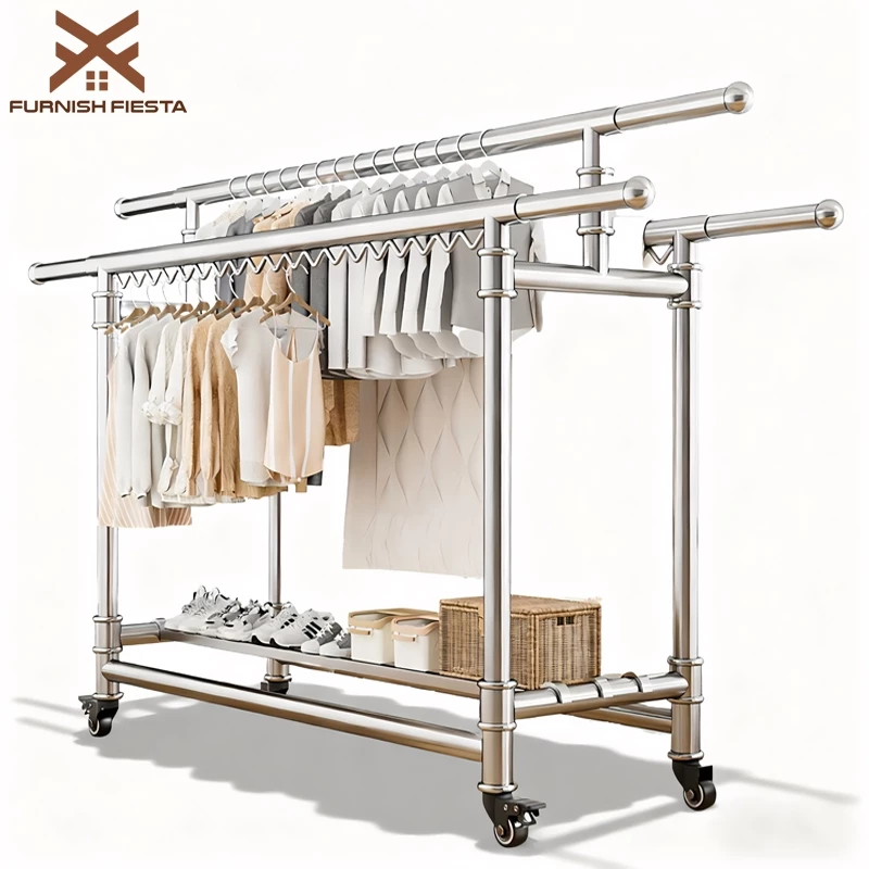 FurnishFiesta ราวตากผ้า ราวตากผ้าสแตนเลส 3 แถว ท่อสแตนเลสหนาพิเศษ มาพร้อมตะขอกันลม ไม่ต้องกลัวลมและแดด มาพร้อมล้อ