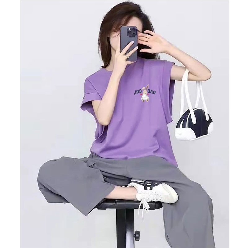 เสื้อแขนกุดลําลองทรงหลวมสไตล์เกาหลี สกรีนลายการ์ตูน oversize เสื้อผ้าสาวอวบไซส์ใหญ่ เสื้อยืดสวยๆผู้หญิงแฟชั่นฤดูร้อนใหม่