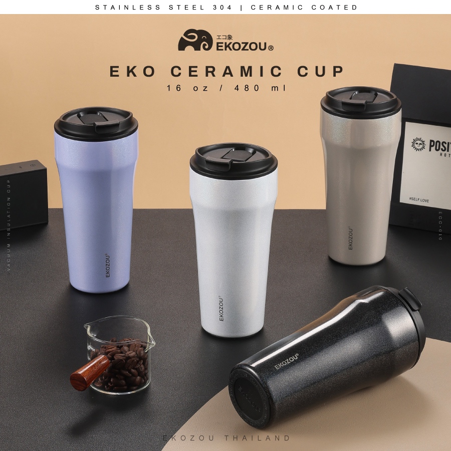 EKO Ceramic Cup ขนาด 480ml/16oz แก้วสแตนเลส 304 มาพร้อมหลอดเด้ง เคลือบเซรามิค เก็บได้ทั้งร้อน-เย็น ราคา ถูกที่สุด ดีลบีเคเค