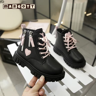 【margott9】รองเท้าบูทมาร์ตินสีชมพูสำหรับเด็กผู้หญิง 27-35 รองเท้าบูทหุ้มข้อซิปคู่รูปหัวใจ