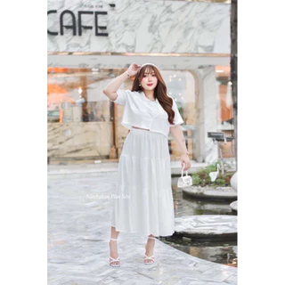 (NK) เซต เสื้อครอปเชิ้ต+กระโปรงยาว สีพื้น ใส่แล้วสวยมาก (อก40-60“) ใครหางานอกใหญ่อยู่แนะนำ เสื้อผ้าสาวอวบอ้วน ไซส์ใหญ่