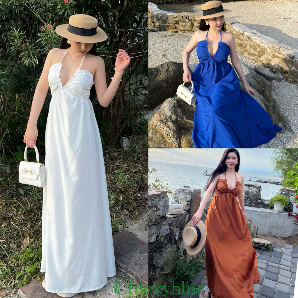 CKB025ชุดเดรสยาวผูกคอผูกโบว์หลังชายทะเล🐳
