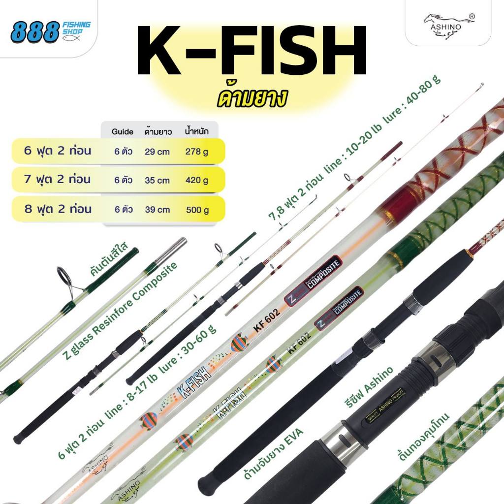 คัน ashino รุ่น k-fish ด้ามยาง EVA แบบเต็ม คันตันเนื้อใส แบบ 2 ท่อน มีให้เลือก 6, 7, 8 ฟุต มี 2 สี แดง, เขียว